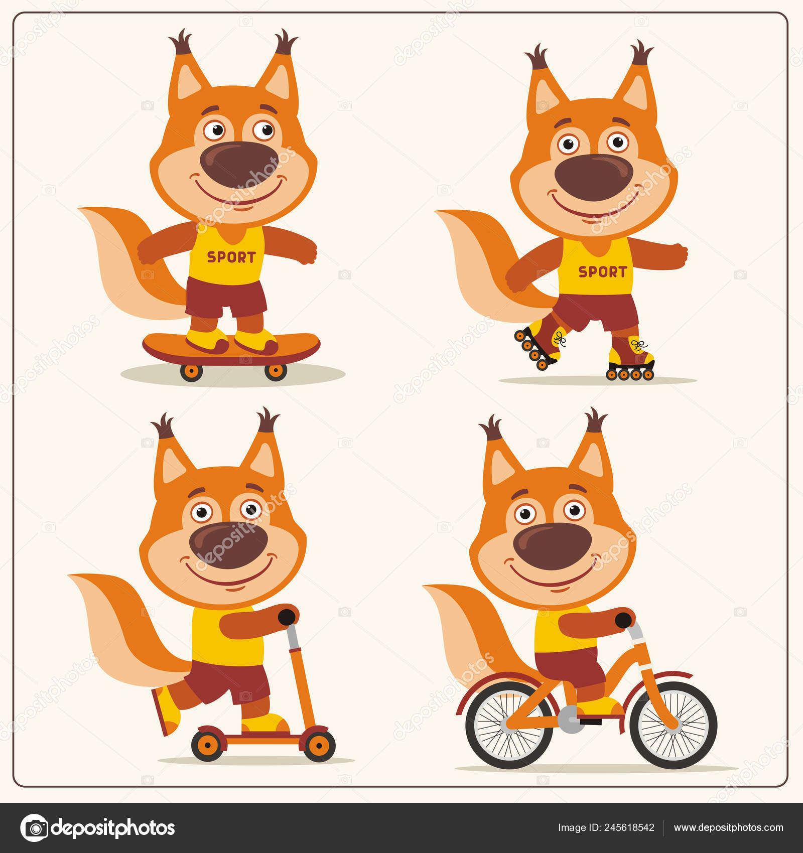 Set Funny Cartoon Characters Squirrels Bike Skateboard Scooter Roller