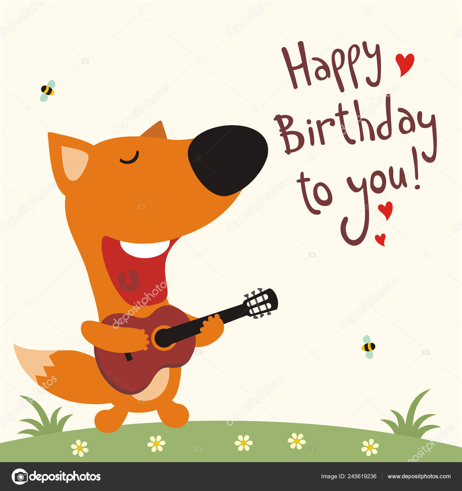 Greeting Card Cute Funny Cartoon Character Fox Guitar Sings Song Vector Image By C Dmitriy D Vector Stock 245619236