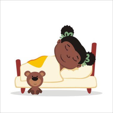 Afrikalı kız yatakta uyuyan sevimli çizgi film karakteri 