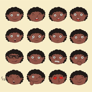 Beyaz arka plan üzerinde izole farklı duygularla küme sevimli çizgi film karakter, Afrikalı Çocuk yüzleri