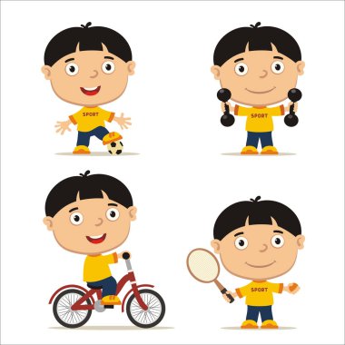 Sportif siyah saçlı erkeklerle futbol topu ve Halter ve tenis roket bisiklet ile sevimli çizgi karakter kümesi 