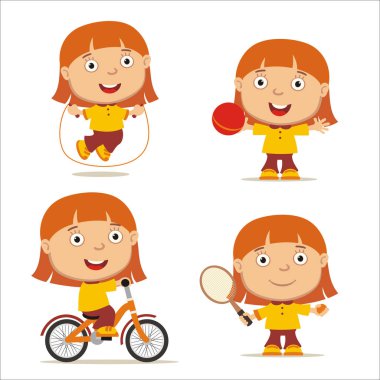 Futbol topu ve halter ile sportif kırmızı saçlı kız ve tenis roket bisiklet ile sevimli çizgi karakter kümesi 