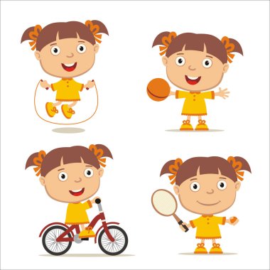 Futbol topu ve halter sportif kızlarla ve tenis roket bisiklet ile sevimli çizgi karakter kümesi 