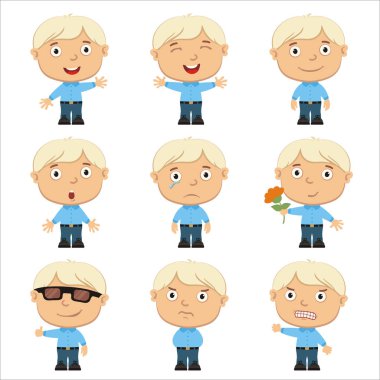 set of charming cartoon characters of blond boys with different emotions isolated on white background clipart