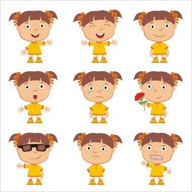 farklı duygularla beyaz arka plan üzerinde izole sarı elbiseler kız sevimli çizgi film karakter kümesi 