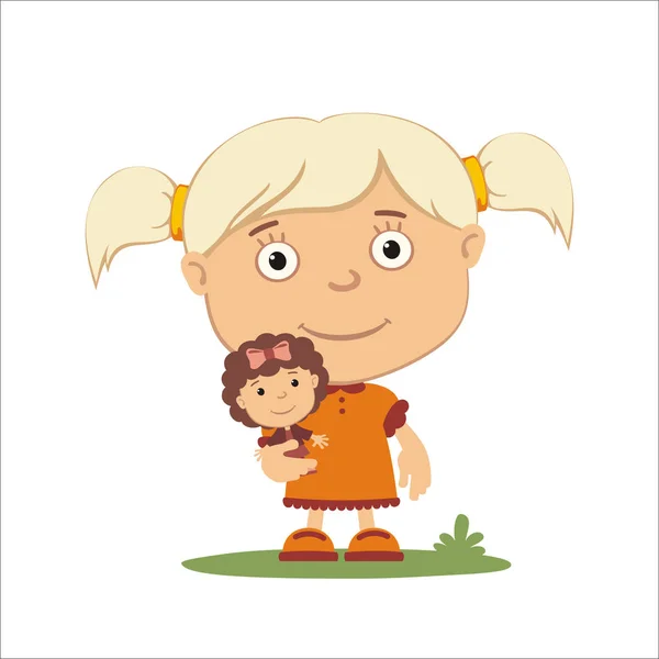 Lindo Personaje Dibujos Animados Niña Con Pequeña Muñeca Pie Prado — Archivo Imágenes Vectoriales