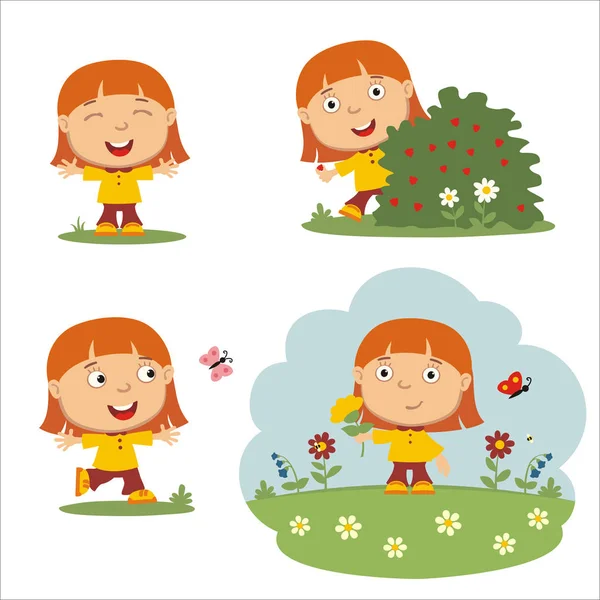 Set Cute Cartoon Characters Redhead Girls Enjoying Summer Different Poses — Stock Vector