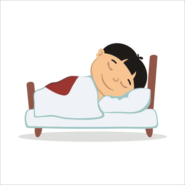 Personagem Desenho Animado Bonito Menino Dormindo Cama — Vetor de Stock