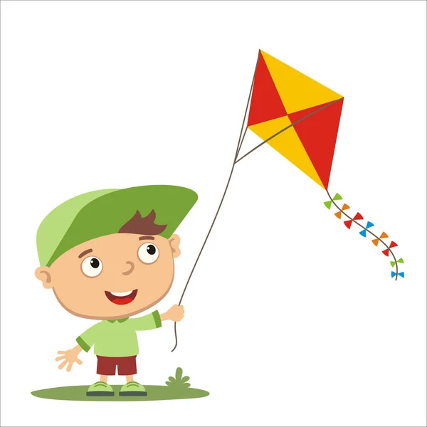 Cute Cartoon Character Funny Boy Meadow Colorful Kite — Stock Vector