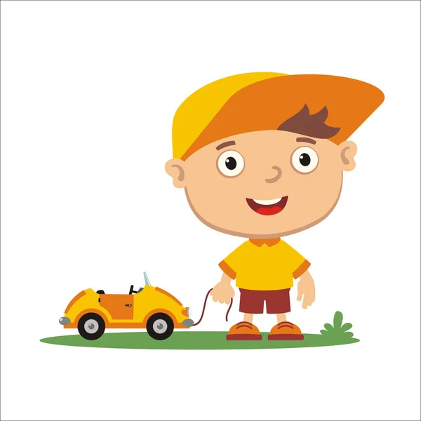 Cute Cartoon Character Little Boy Yellow Car Toy Summer Meadow — Stock Vector