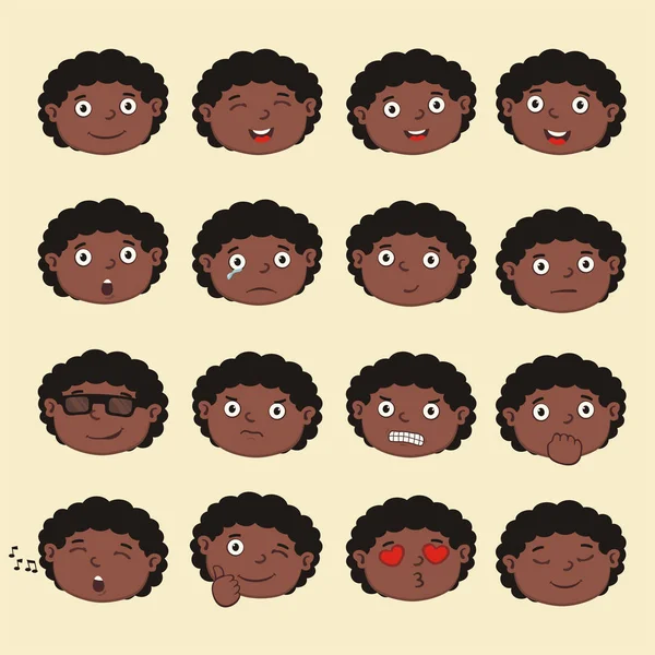 Conjunto Charmosos Personagens Desenhos Animados Caras Menino Africano Com Diferentes — Vetor de Stock