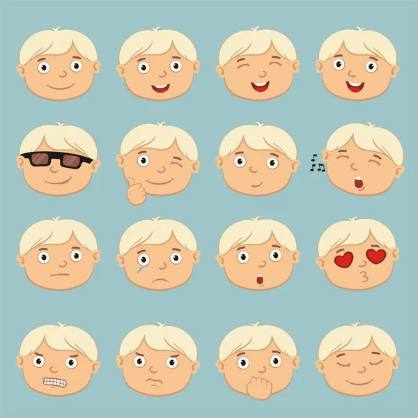 Set Charming Cartoon Characters Blond Boy Faces Different Emotions Isolated — Stock Vector