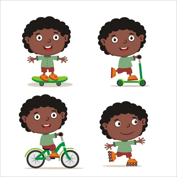 Comicfiguren Afrikanischer Jungen Auf Fahrrad Und Skateboard Mit Roller Und — Stockvektor