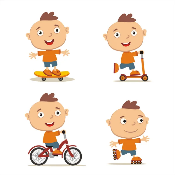 Conjunto Divertidos Personajes Dibujos Animados Niños Bicicleta Monopatín Con Scooter — Archivo Imágenes Vectoriales