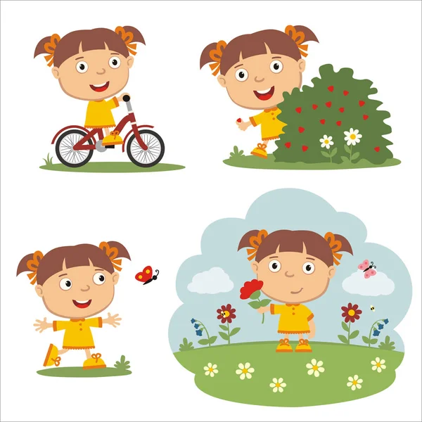 Set Cute Cartoon Characters Girls Enjoying Summer Different Poses Meadow — Stock Vector