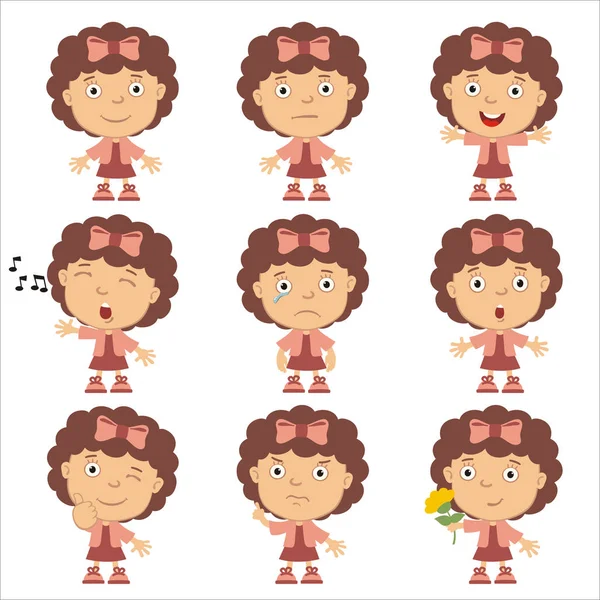 Conjunto Encantadores Personajes Dibujos Animados Chicas Con Pelo Rizado Arco — Vector de stock