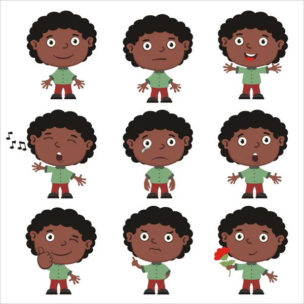 Conjunto Encantadores Personajes Dibujos Animados Niños Africanos Con Diferentes Emociones — Archivo Imágenes Vectoriales