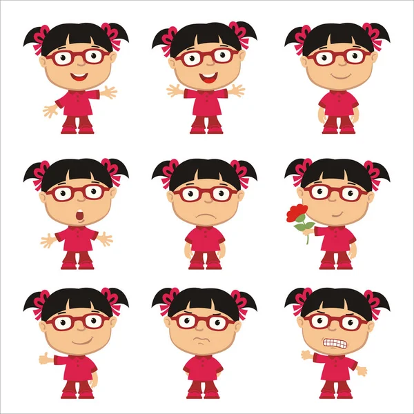 Reihe Von Charmanten Cartoon Figuren Von Mädchen Brille Und Rosa — Stockvektor