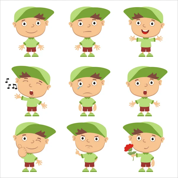 Set Von Charmanten Cartoon Figuren Von Jungen Grüner Mütze Mit — Stockvektor