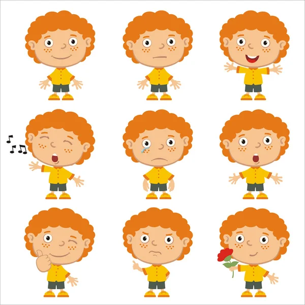 Set Charming Cartoon Characters Redhead Boys Different Emotions Isolated White — Stock Vector