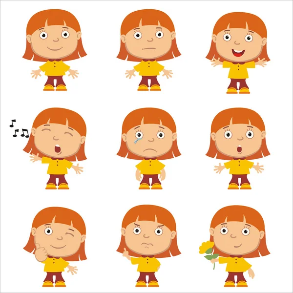Set Charming Cartoon Characters Redhead Girls Different Emotions Isolated White — Stock Vector
