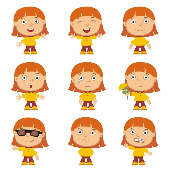 白い背景に分離されたさまざまな感情と赤毛の女の子の魅力的な漫画のキャラクターのセット — ストックベクタ