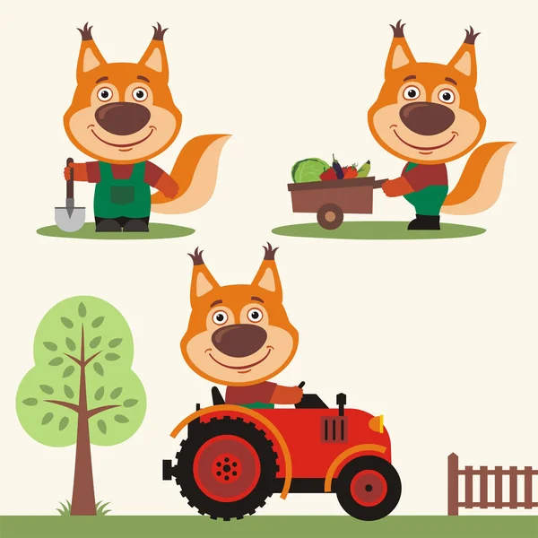 Conjunto Personajes Dibujos Animados Divertidos Lindo Los Agricultores Ardillas Que — Vector de stock