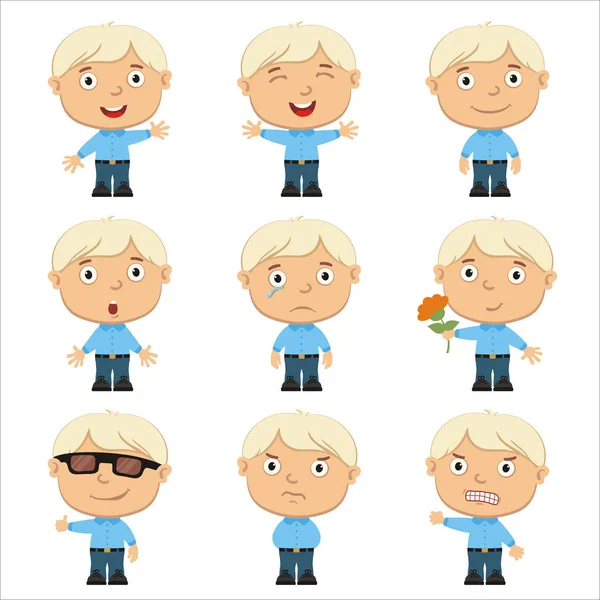 Reihe Von Charmanten Cartoon Figuren Von Blonden Jungen Mit Unterschiedlichen — Stockvektor