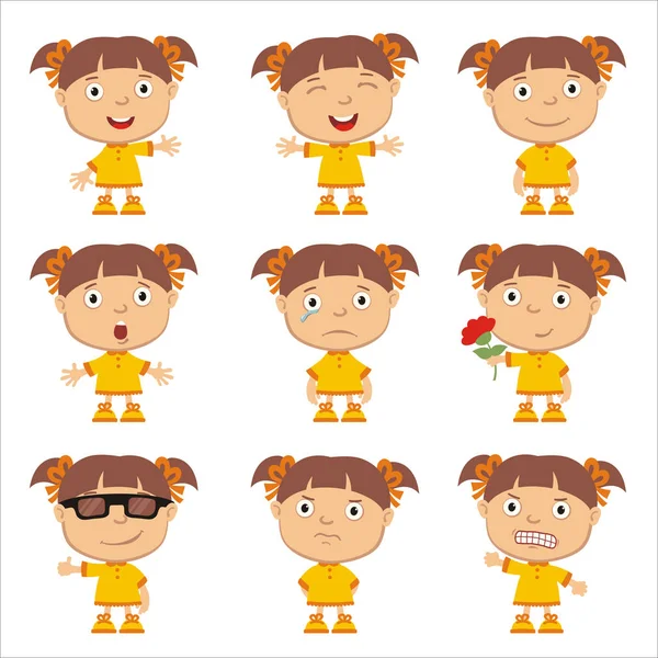 Set Charming Cartoon Characters Girls Yellow Dresses Different Emotions Isolated — Stock Vector