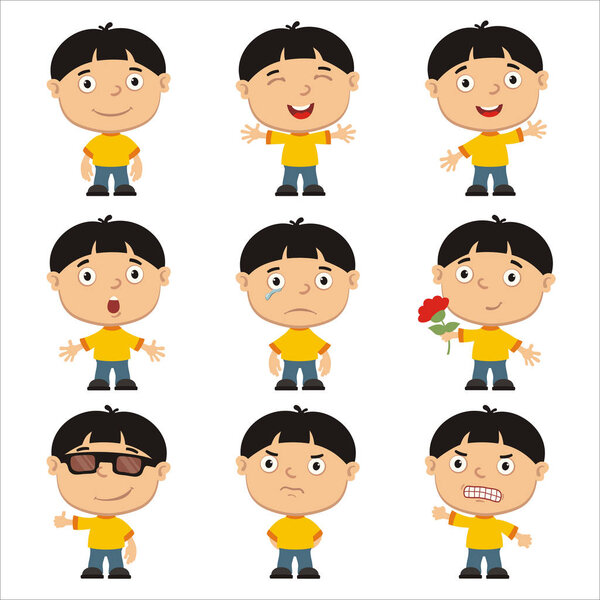 set of charming cartoon characters of boys with black hair and different emotions isolated on white background