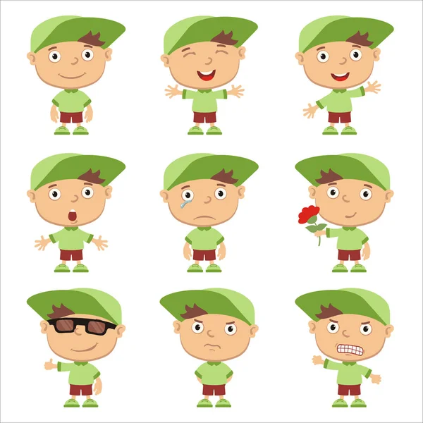 Conjunto Encantadores Personajes Dibujos Animados Niños Gorra Verde Con Diferentes — Archivo Imágenes Vectoriales