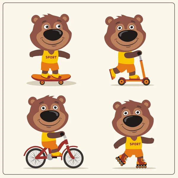 Conjunto Divertidos Personajes Dibujos Animados Osos Bicicleta Monopatín Con Scooter — Vector de stock