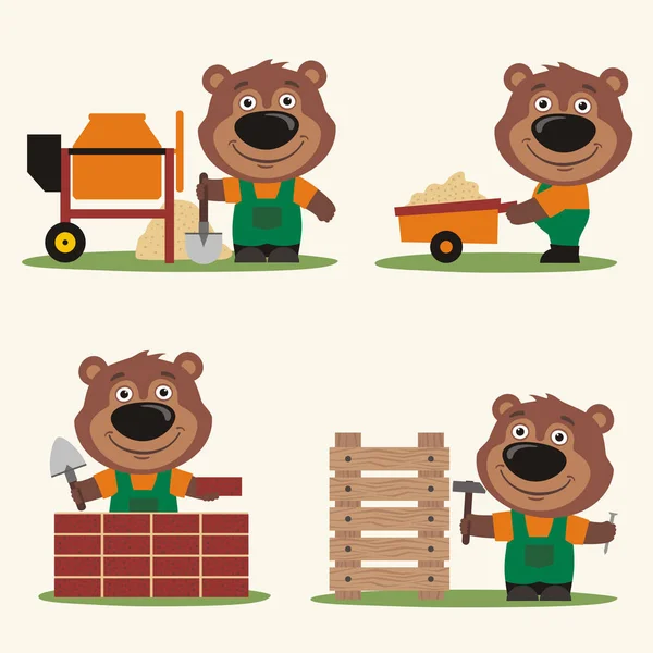 Conjunto Construtores Ursos Engraçados Estilo Cartoon Com Betoneira Carrinho Mão — Vetor de Stock