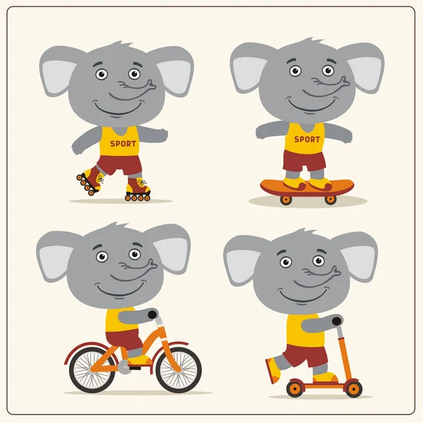 Conjunto Divertidos Personajes Dibujos Animados Elefantes Bicicleta Monopatín Con Scooter — Vector de stock
