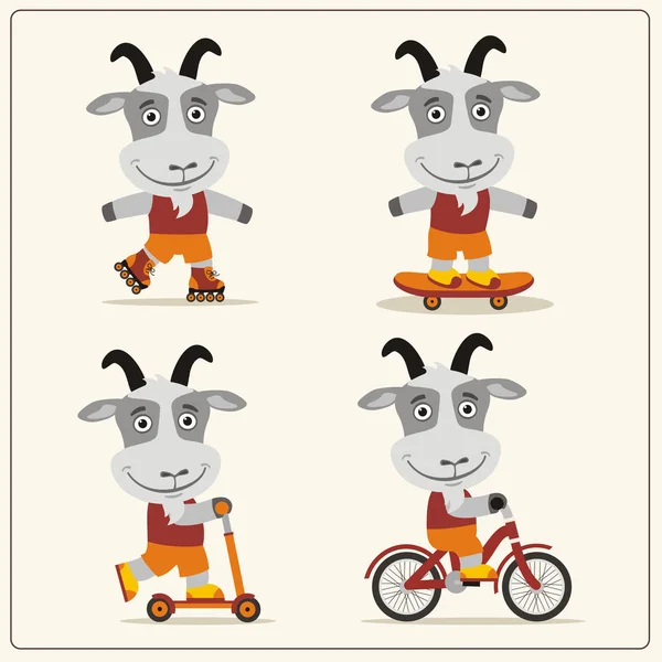 Reihe Lustiger Zeichentrickfiguren Von Ziegen Auf Fahrrad Und Skateboard Mit — Stockvektor