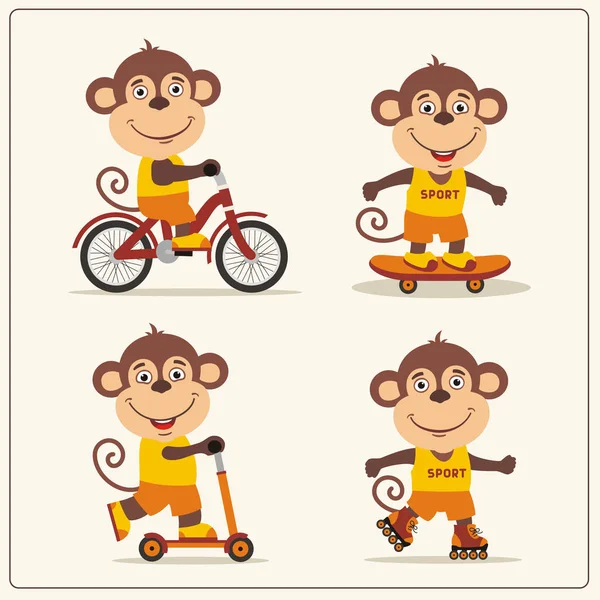 Conjunto Personagens Engraçados Desenhos Animados Macacos Bicicleta Skate Com Patins —  Vetores de Stock