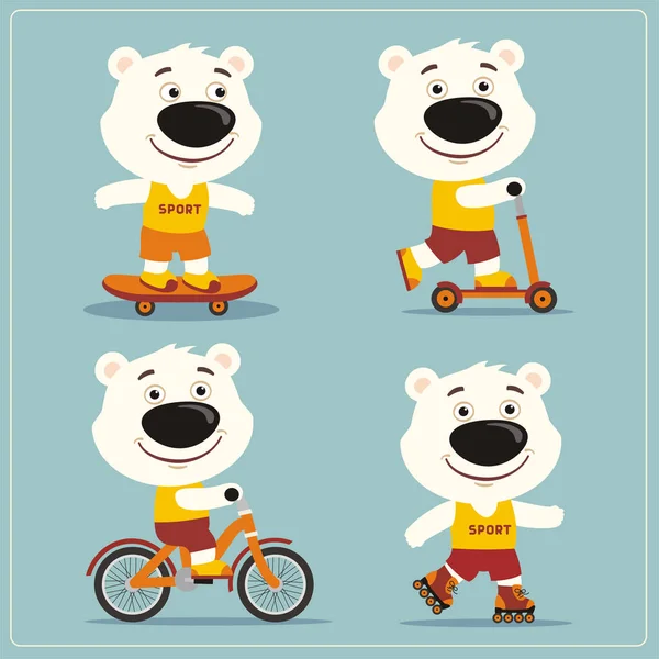 Conjunto Divertidos Personajes Dibujos Animados Osos Polares Bicicleta Monopatín Con — Vector de stock
