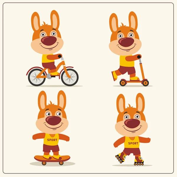 Conjunto Divertidos Personajes Dibujos Animados Conejos Bicicleta Monopatín Con Scooter — Vector de stock