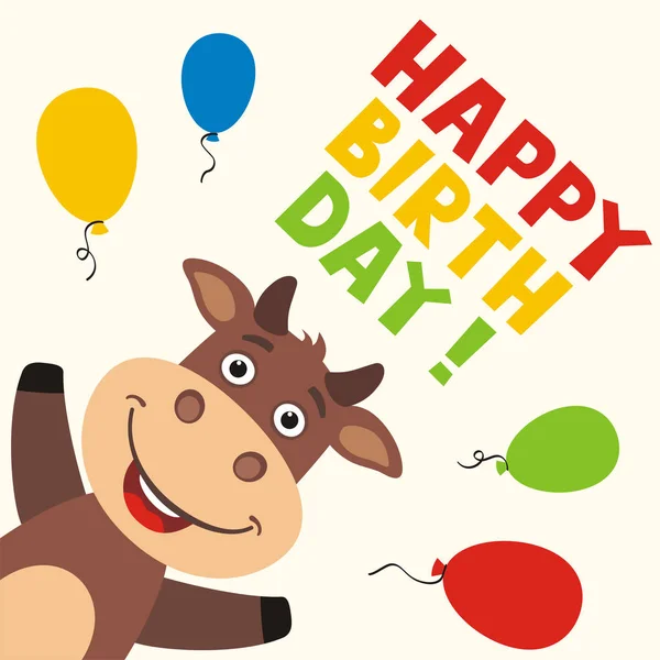 Greeting Card Cute Funny Cartoon Character Bull Balloons Text Happy — Stock Vector