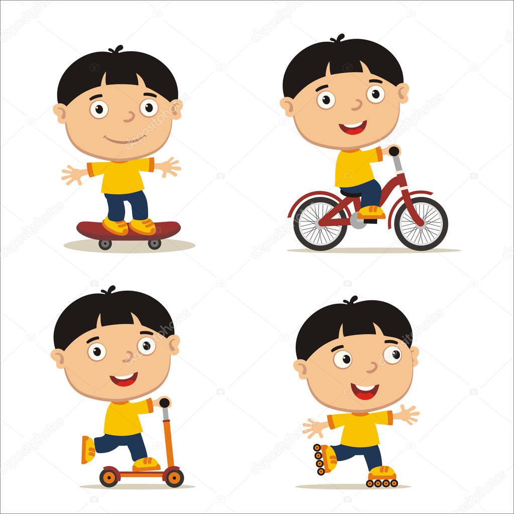 set of funny cartoon characters of black-haired boys on bike and skateboard with scooter and roller skates