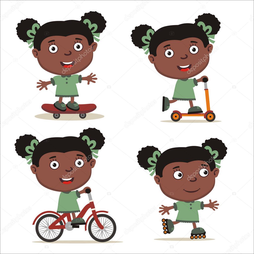set of funny cartoon characters of african girls on bike and skateboard with scooter and roller skates