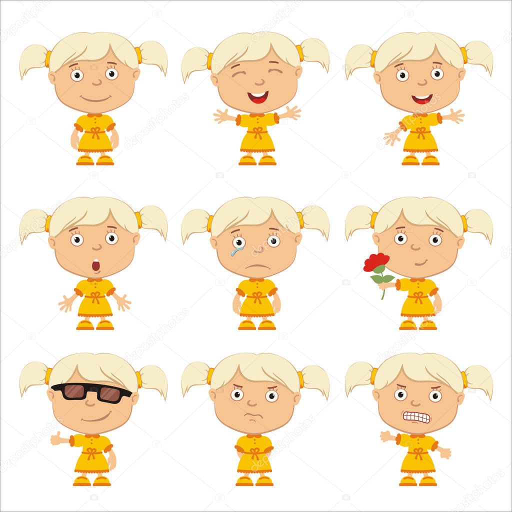 Set of little funny girls with blonde hair in different poses and emotion isolated on white background 