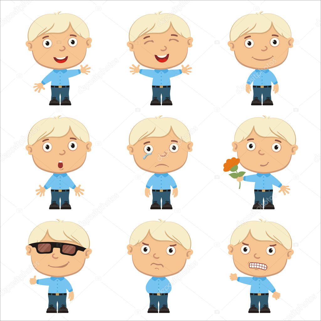 set of charming cartoon characters of blond boys with different emotions isolated on white background