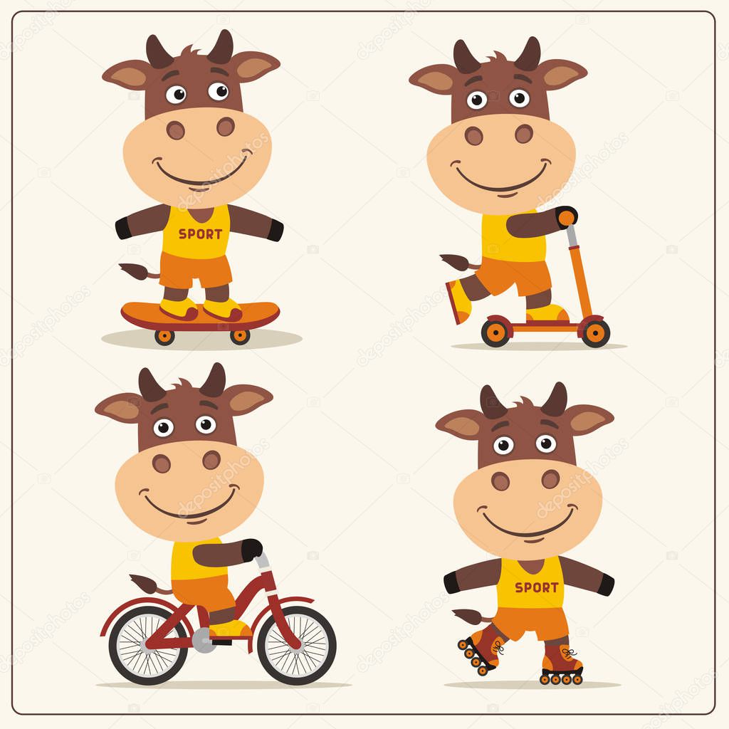set of funny cartoon characters of bulls on bike and skateboard with scooter and roller skates