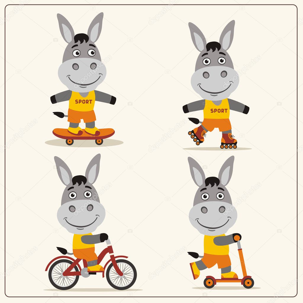set of funny cartoon characters of donkeys on bike and skateboard with scooter and roller skates