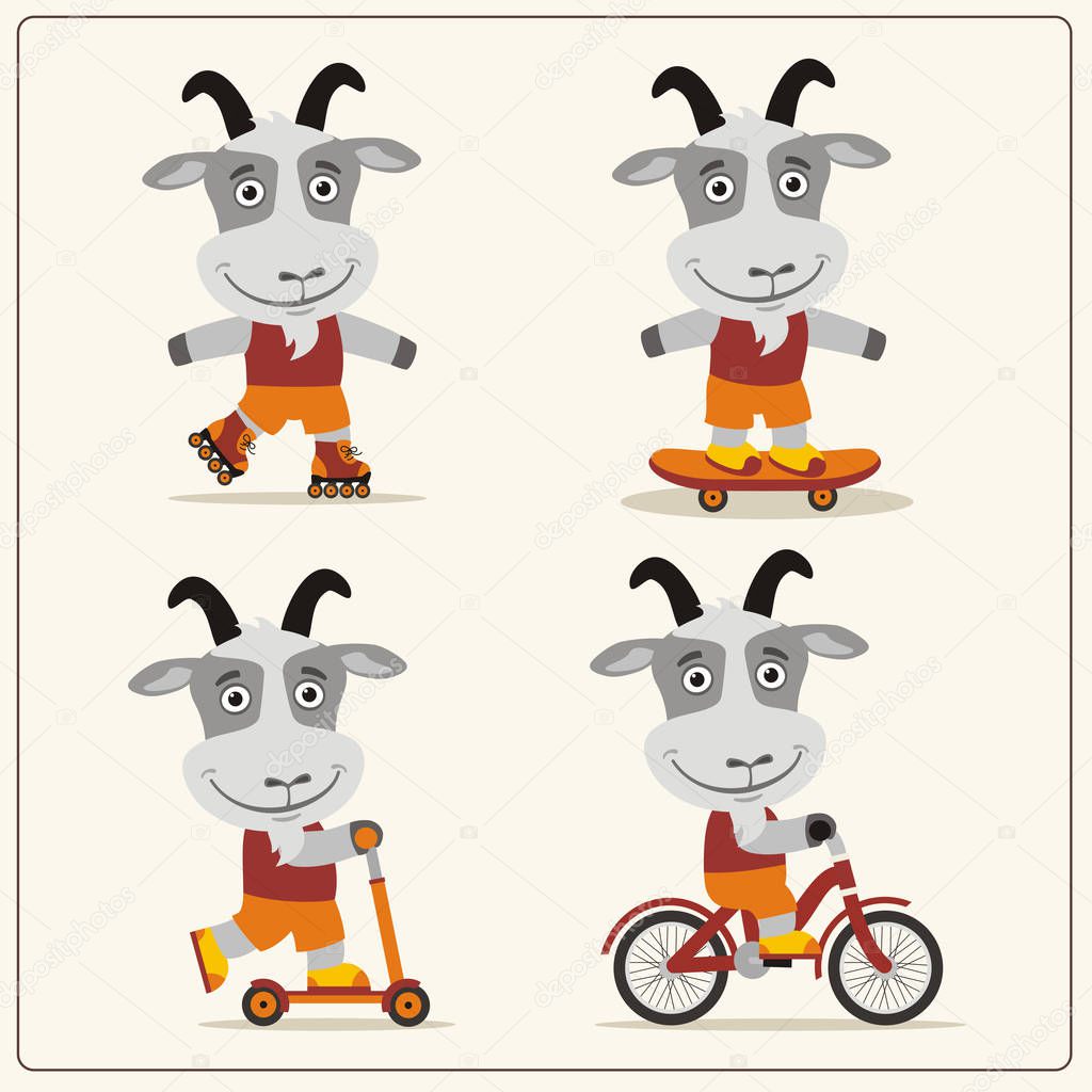 set of funny cartoon characters of goats on bike and skateboard with scooter and roller skates