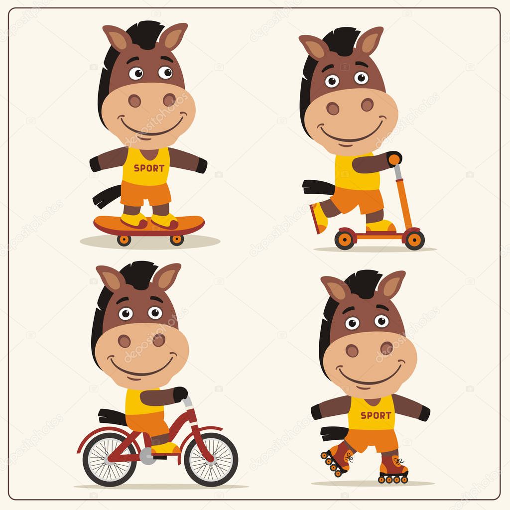 set of funny cartoon characters of horses on bike and skateboard with scooter and roller skates
