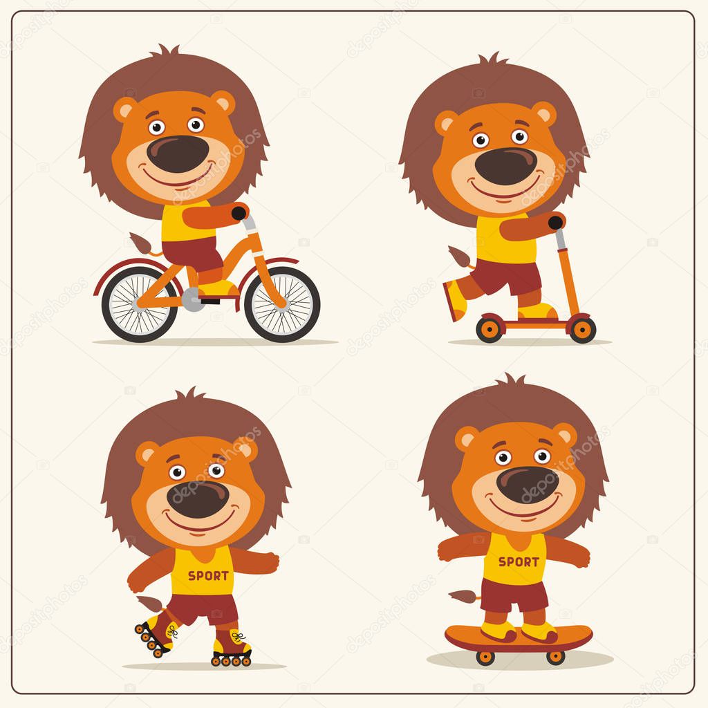 set of funny cartoon characters of lions on bike and skateboard with scooter and roller skates