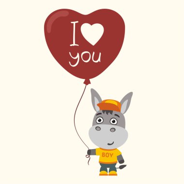 Sevgililer günü, romantik kavramı için balon kalbi eşek çocuk şirin komik karikatür karakter 