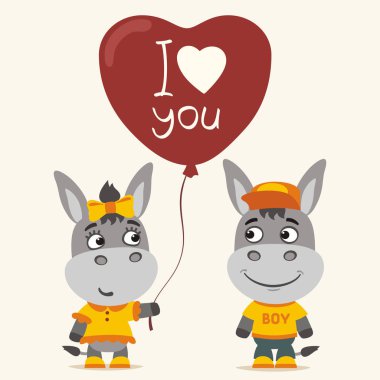 Balon kalp eşek çocuğa, mutlu Sevgililer günü kavramı veren eşek kız şirin komik karikatür karakterleri ile tebrik kartı 